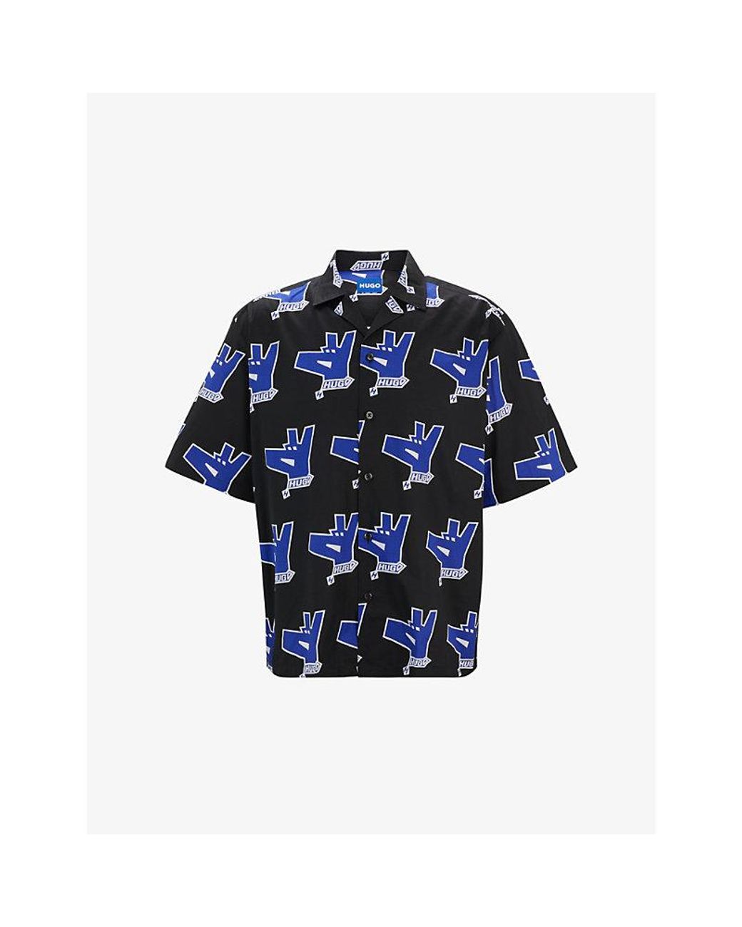 HUGO Blue Logo-Print Relaxed-Fit Short-Sleeve Cotton Shirt for men
