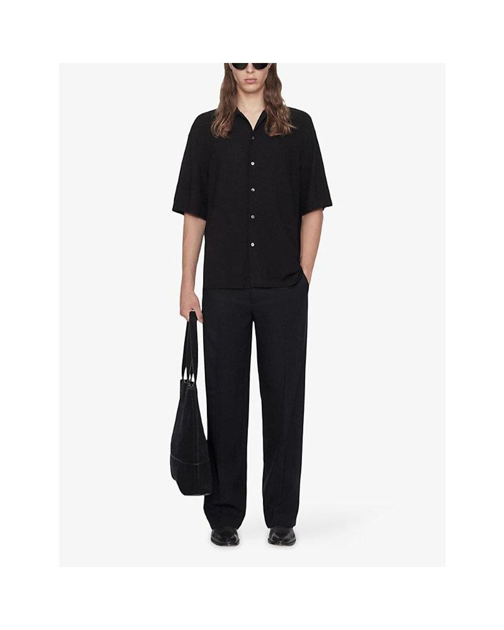 AllSaints Black Archer Resort-Collar Linen-Blend Shirt for men