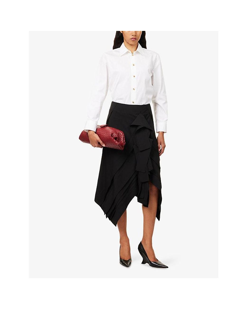 Bottega Veneta Black Asymmetric Panelled-Drape Wool Midi Skirt