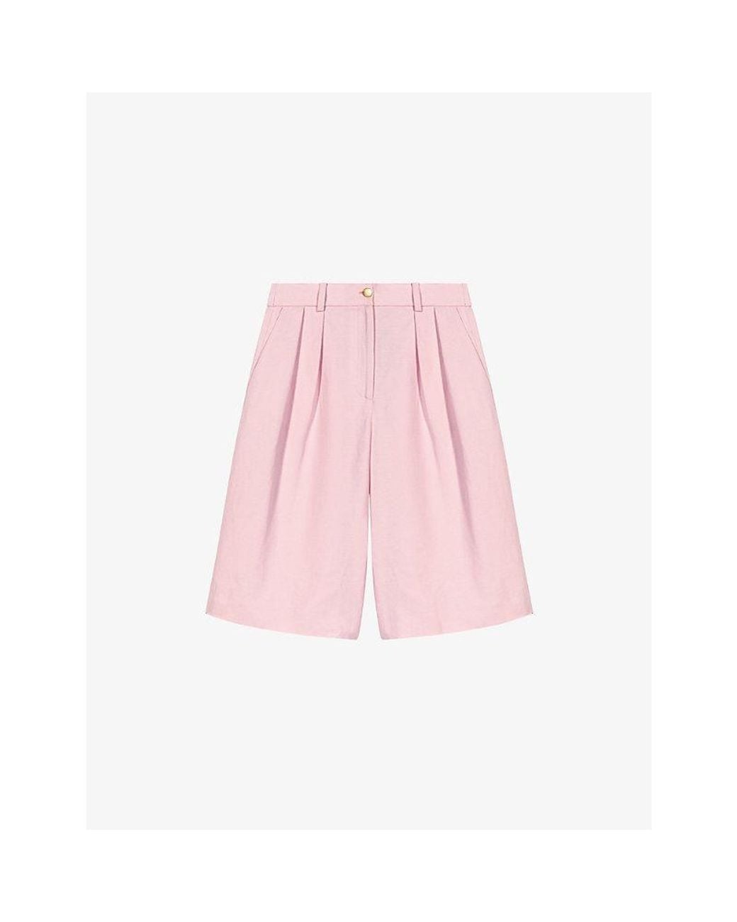 Maje Pink Pleated-Front Wide-Leg Cotton And Linen Bermuda Shorts