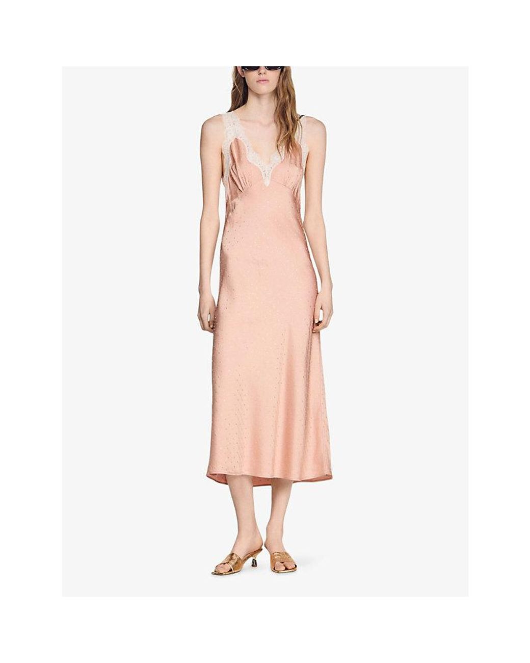 Sandro Pink Rhinestone V-Neck Woven Midi Dress
