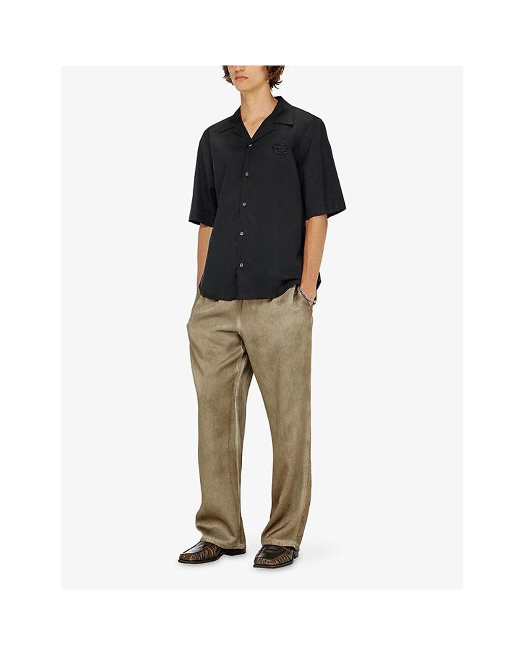 DIESEL Black Embroidered-Logo Short-Sleeve Stretch-Cotton Poplin Shirt for men