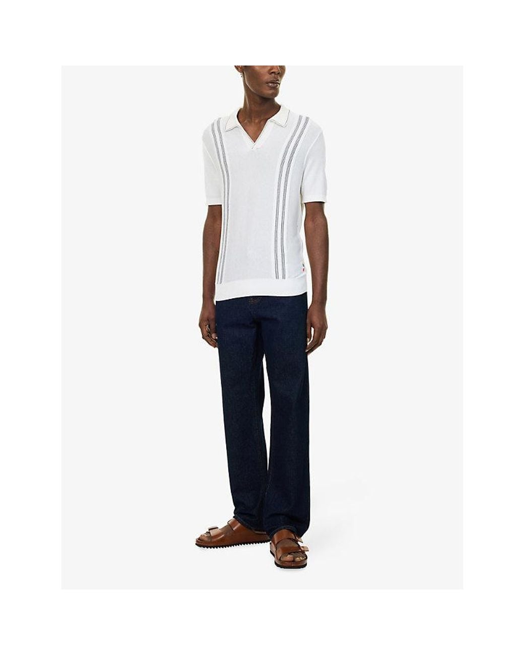 Orlebar Brown White Horton Chevron-Stripe Silk And Cotton-Blend Polo Top for men