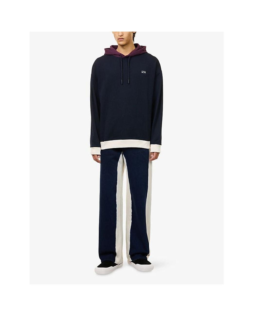 Loewe Blue Contrast-Trim Embroidered-Logo Cotton Hoodie for men