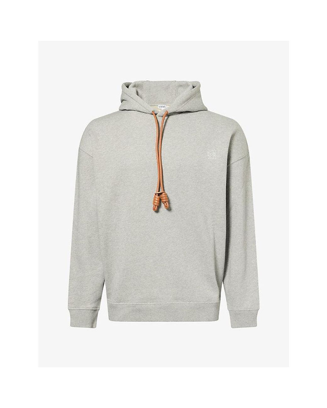 Loewe Gray Leather-Drawstring Logo-Embroidered Cotton Hoody for men