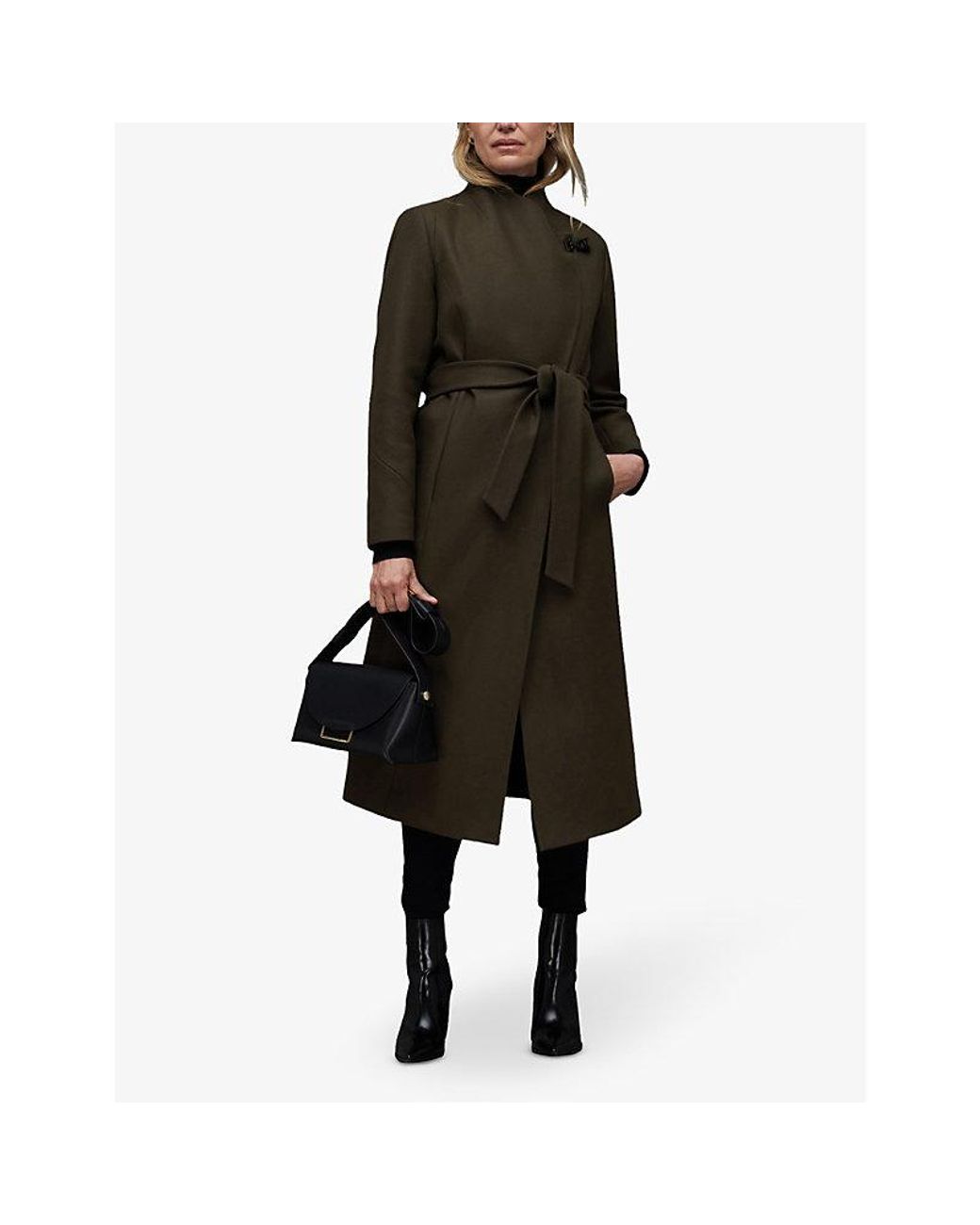 AllSaints Riley Funnel-neck Wool-blend Coat in Black | Lyst