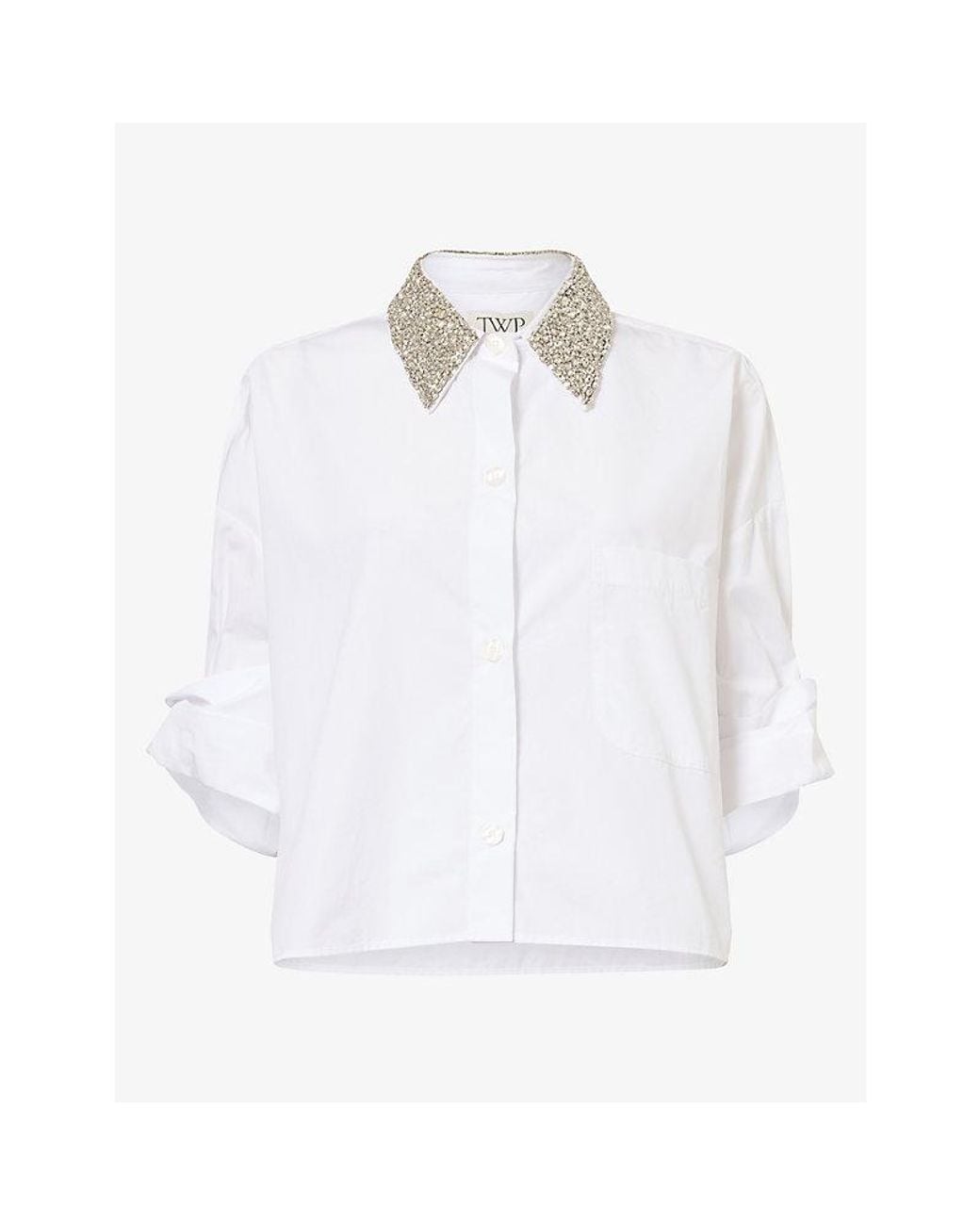 Twp White Crystal-Collar Cropped Cotton Shirt