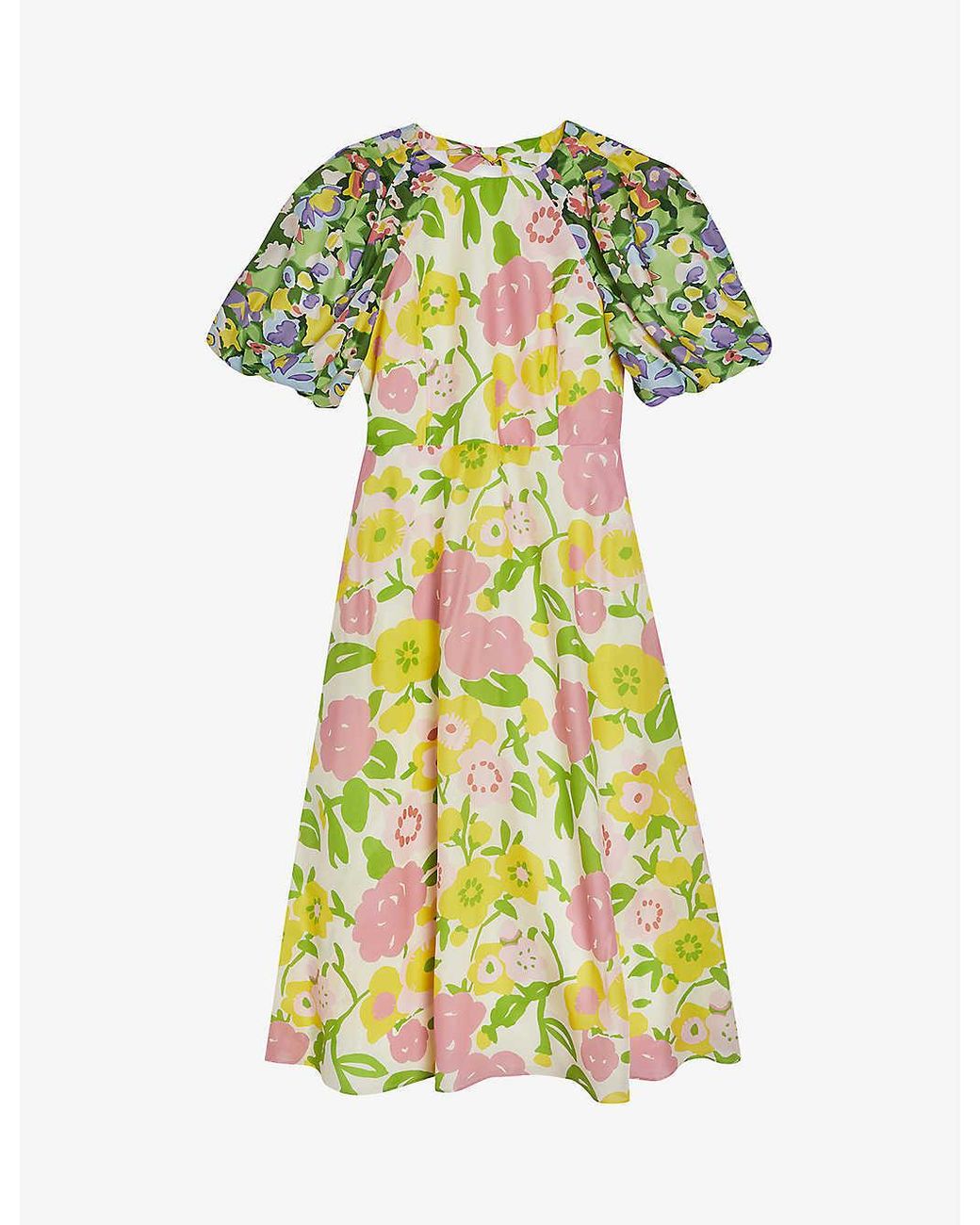 Ted Baker Jazliyn Floral-print Puff-sleeved Midi Dress in Green | Lyst