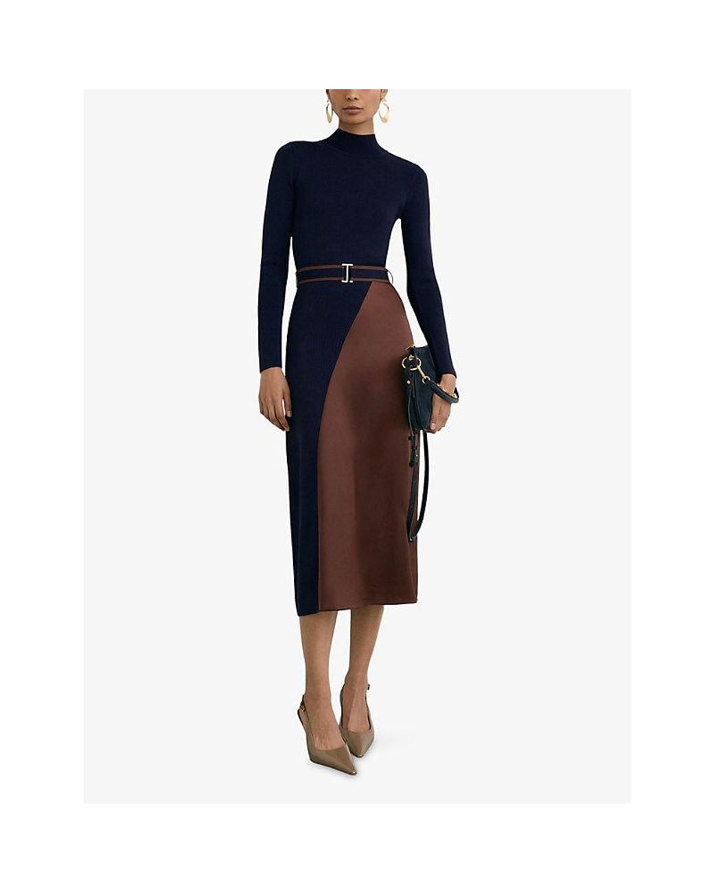 Reiss Blue Misty Satin-Panel Knitted Midi Dress