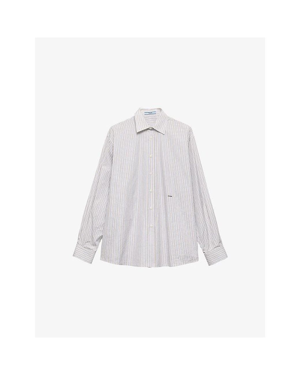 Prada White Embroidered Logo Striped Cotton-Poplin Shirt