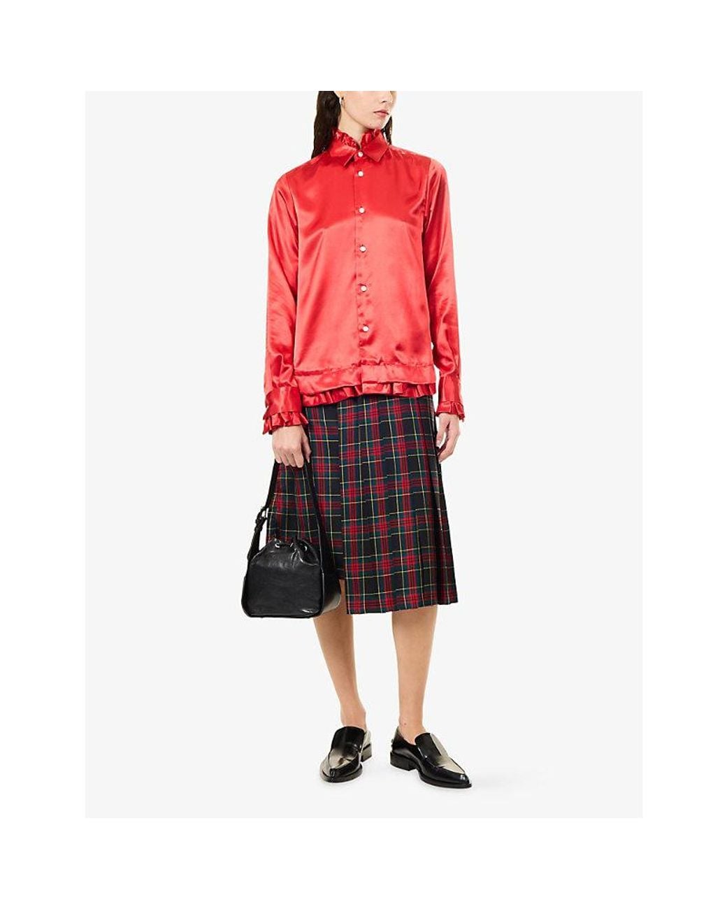 Noir Kei Ninomiya Red Relaxed-Fit Ruffled Satin Shirt