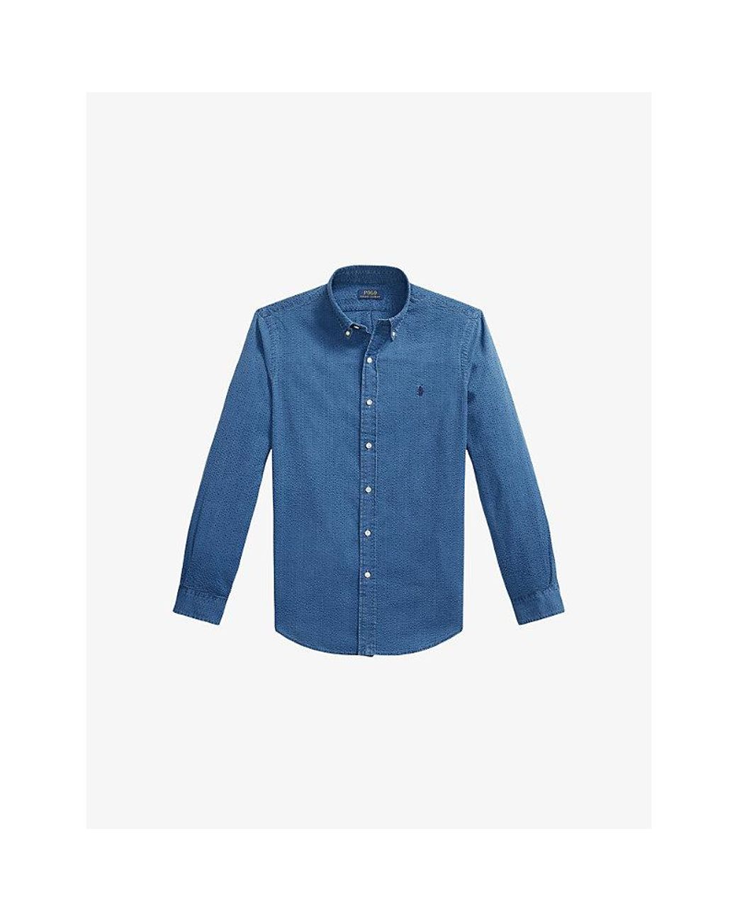 Polo Ralph Lauren Blue Logo-Embroidered Custom-Fit Cotton-Seersucker Shirt for men