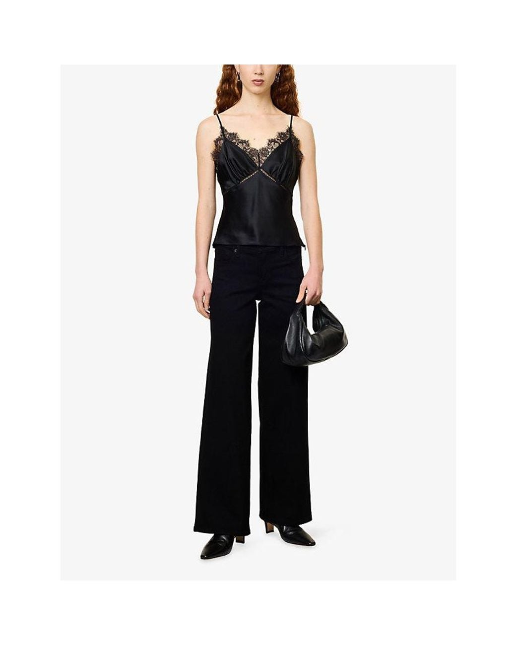 FRAME Black Lace-Trim Silk Cami Top