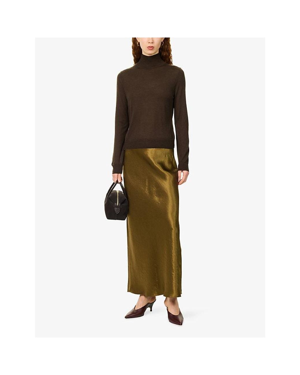 Vince Natural Side-Slit Satin Midi Skirt