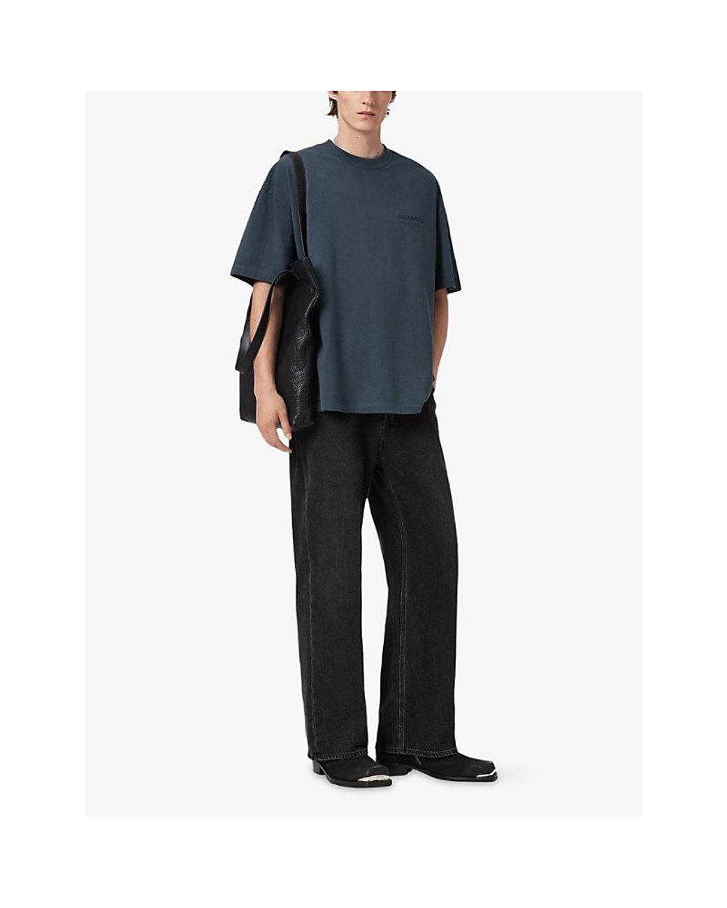 AllSaints Blue Underground Logo-Print Relaxed-Fit Cotton T-Shirt for men