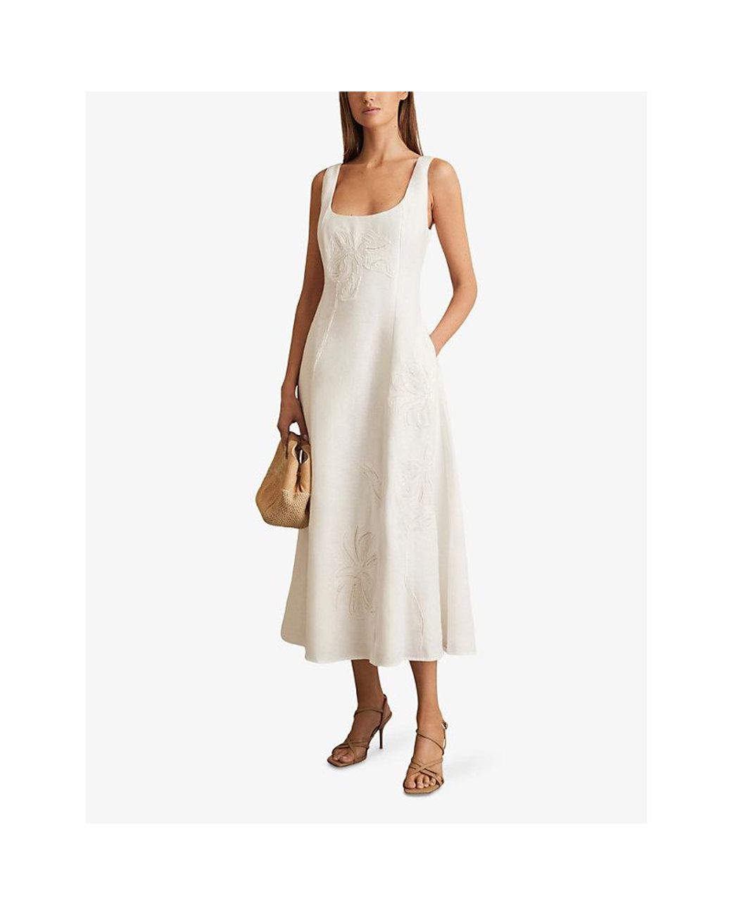Reiss Elise Floral-Embroidered Linen Midi Dress in White Lyst UK