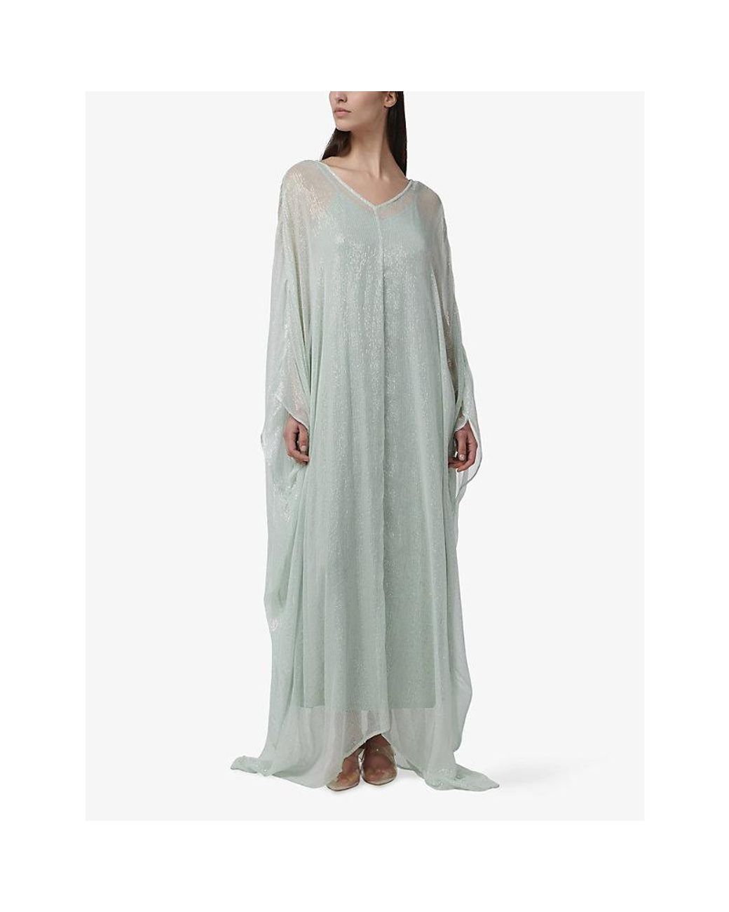 eem Gray Striped V-Neck Metallic-Woven Kaftan