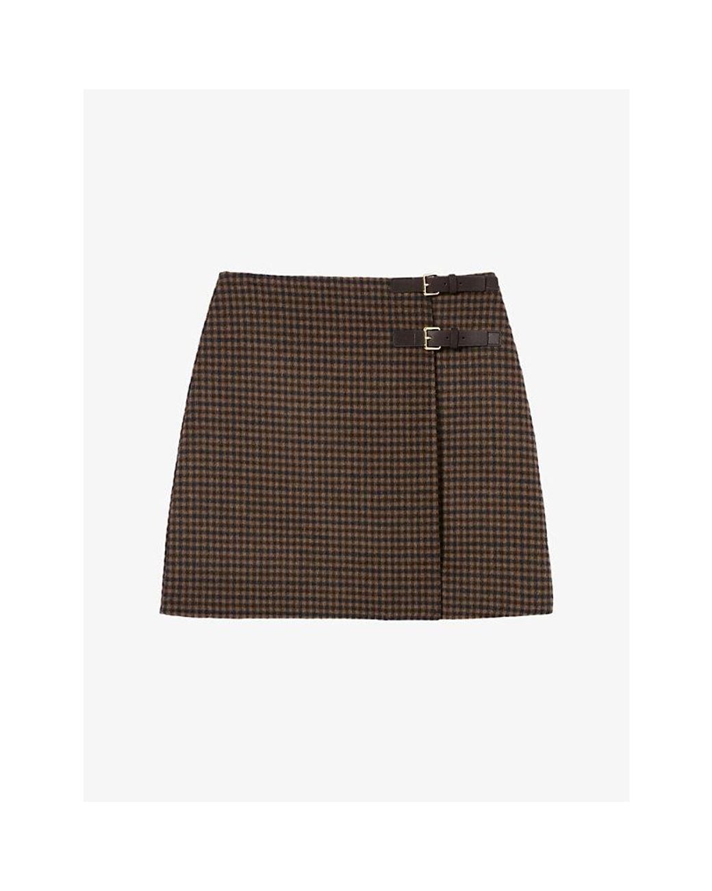 Claudie Pierlot Brown Checked Wrap-Front Wool-Blend Mini Skirt