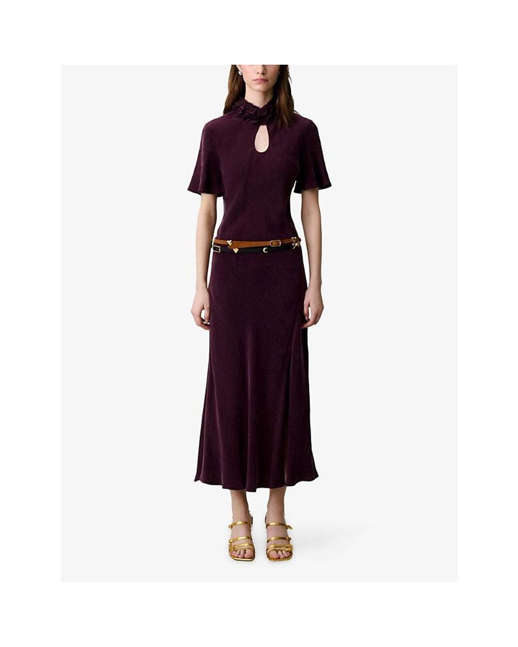 Claudie Pierlot Purple Ruffle-Collar Keyhole Cupro Maxi Dress