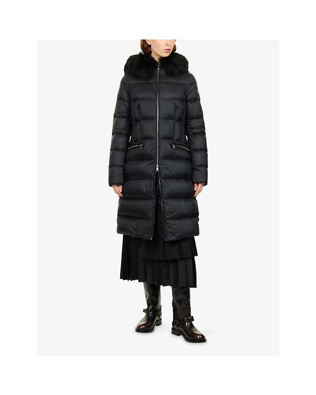 Moncler Black Boedic Hooded Shearling-Trimmed Long Down Jacket