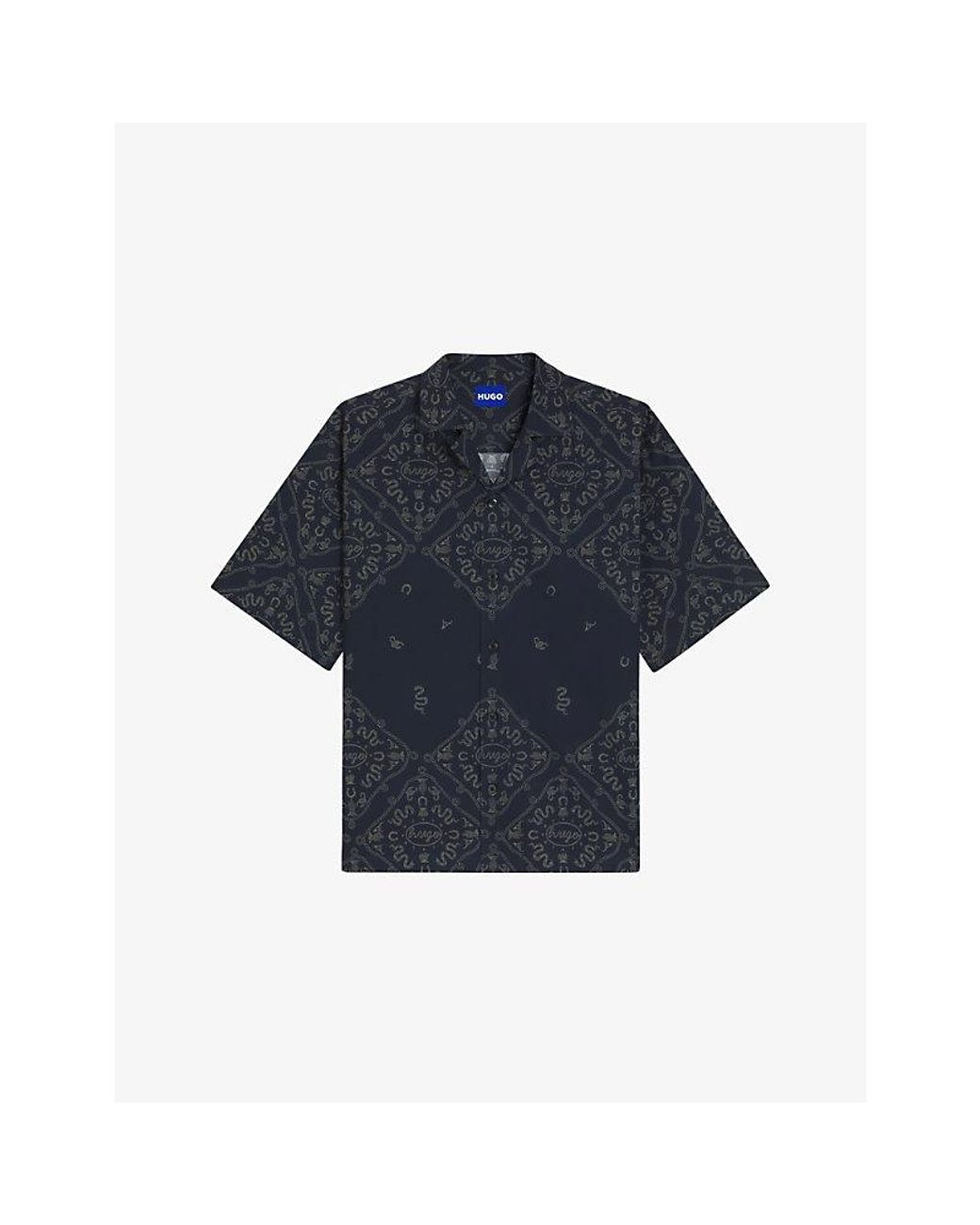 HUGO Blue Branded-Print Short-Sleeved Cotton-Poplin Shirt for men