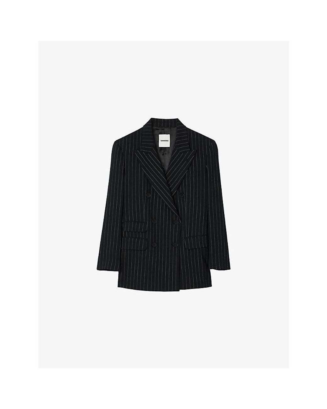Sandro Black Stripe Double-Breasted Woven Blazer