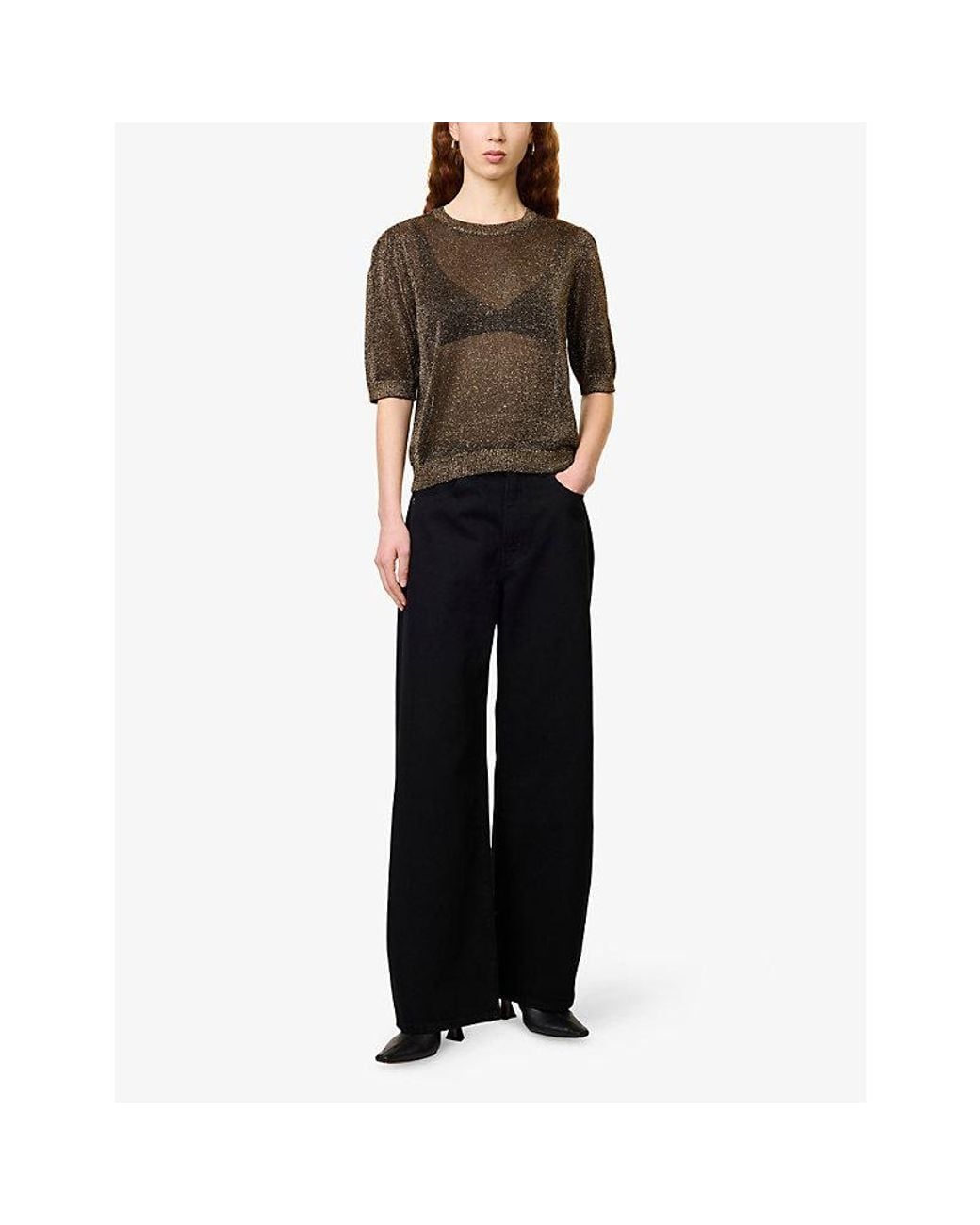 FRAME Brown Metallic Gathered Stretch-Knit Jumper