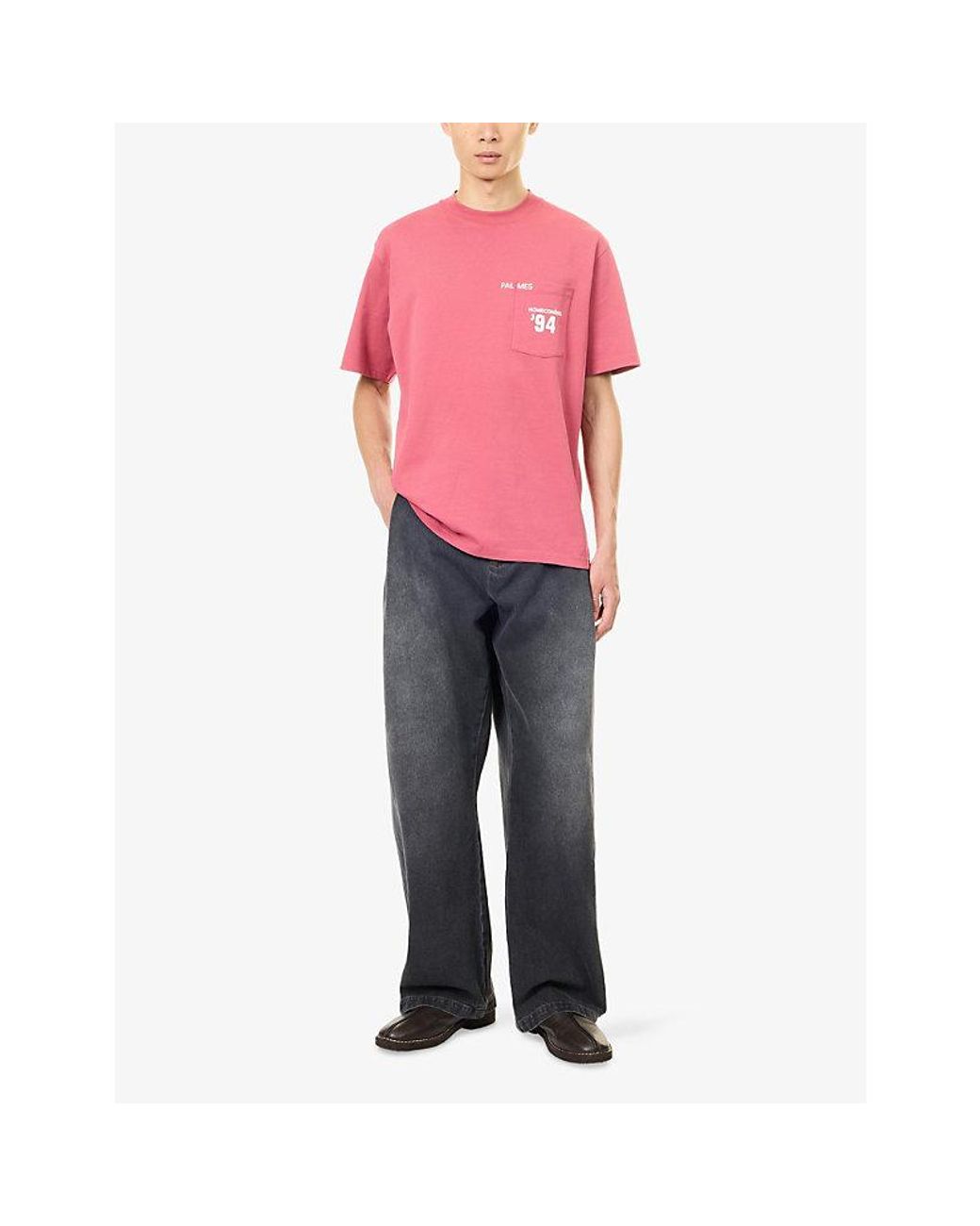 Palmes Pink Patch-Pocket Brand-Print Cotton T-Shirt for men
