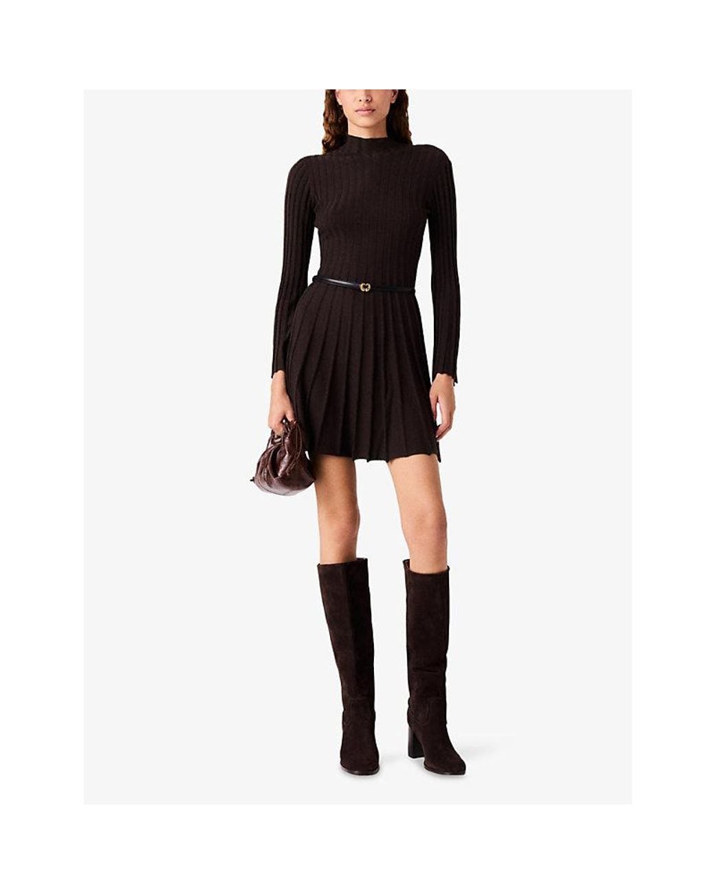 Maje Brown Pleated High-Neck Stretch-Knit Mini Dress