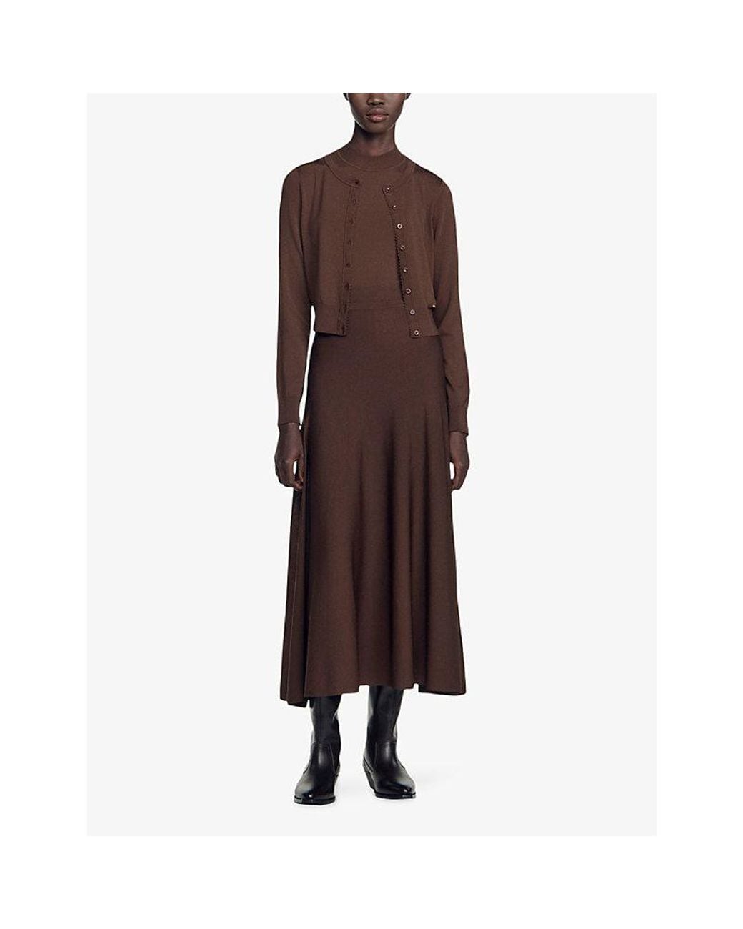 Sandro Brown Flared Sheer-Effect Woven Maxi Skirt