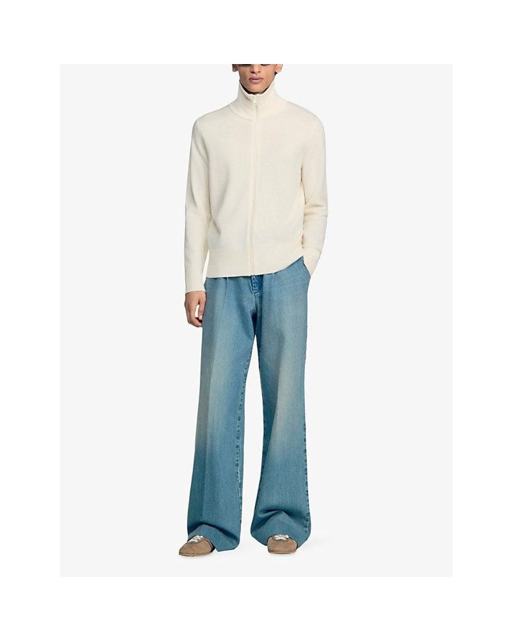 Sandro Natural Zip-Up Trucker Wool Cardigan for men