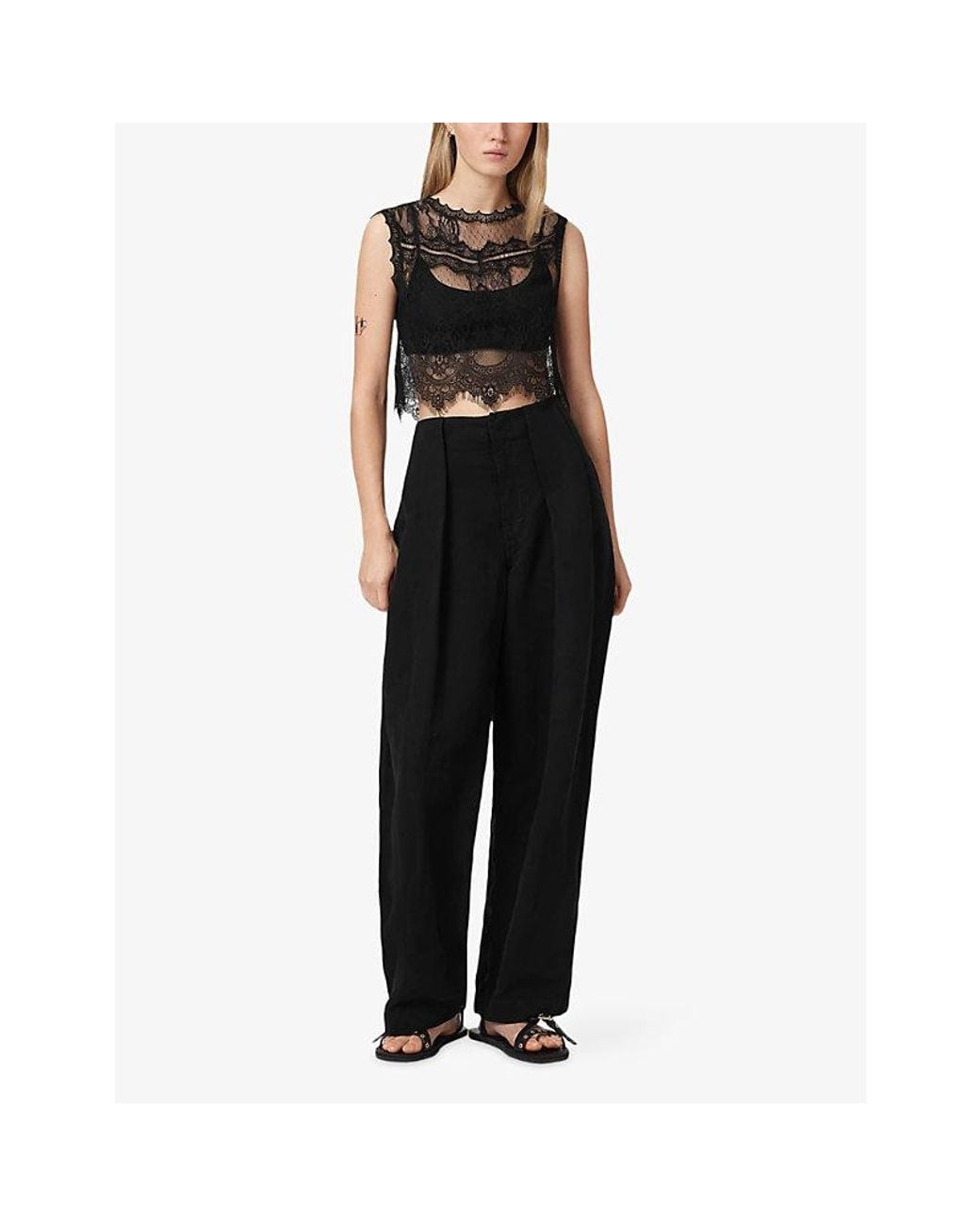 AllSaints Black Eliza Lace-Overlay Cropped Woven Top