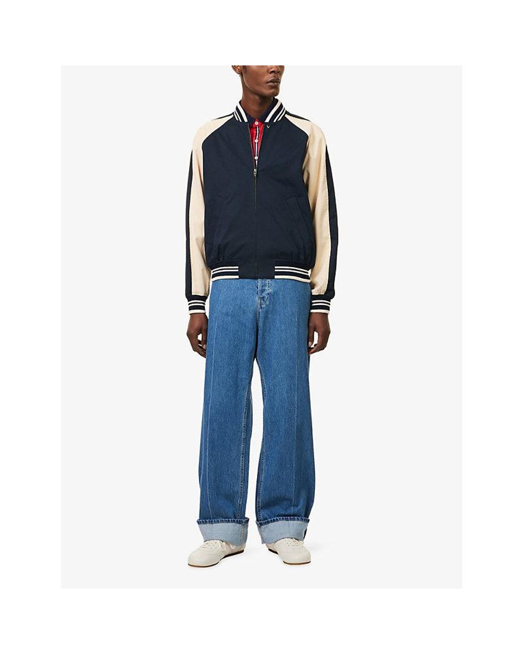 Valentino Garavani Blue Contrast-Stripe Zip-Up Cotton Bomber Jacket for men
