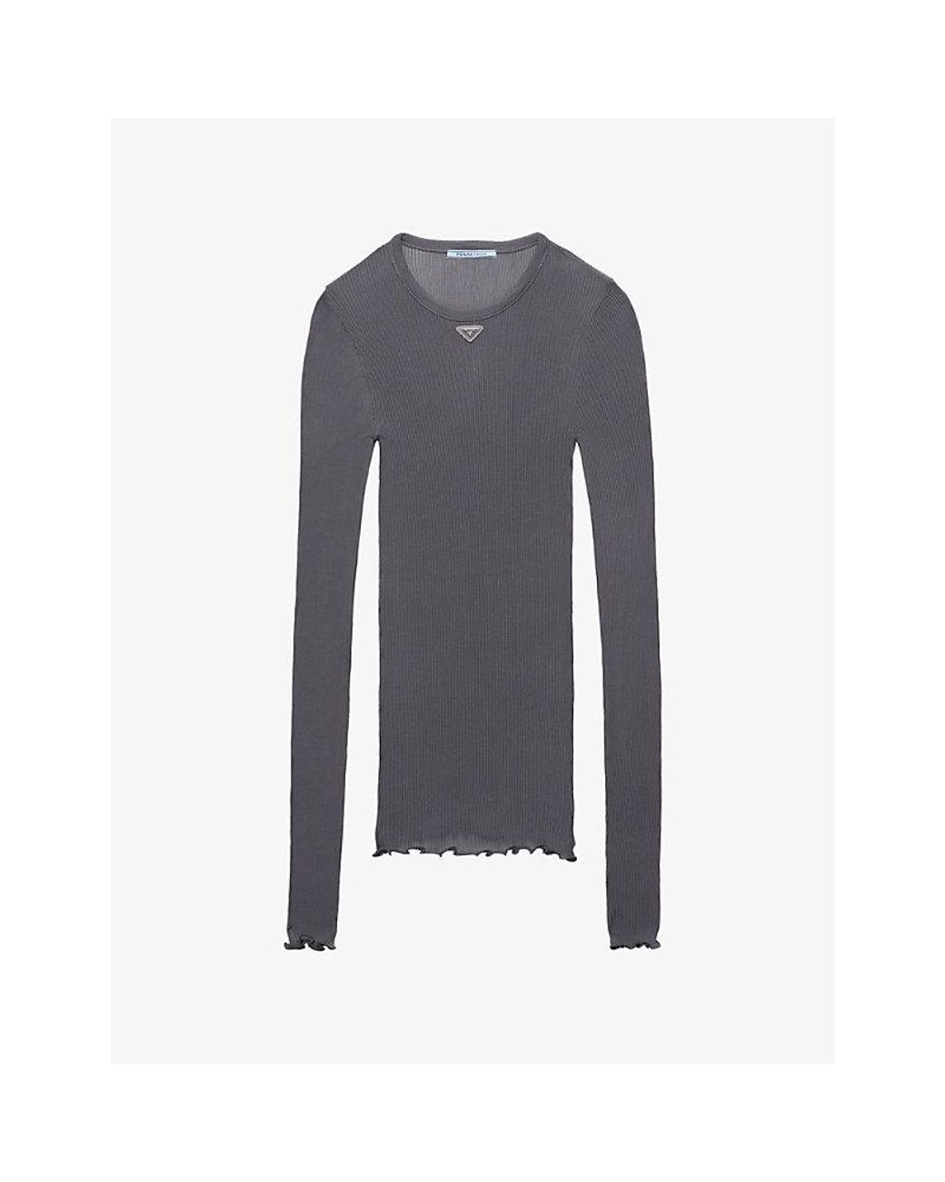 Prada Blue Logo-Plaque Ribbed Silk Top