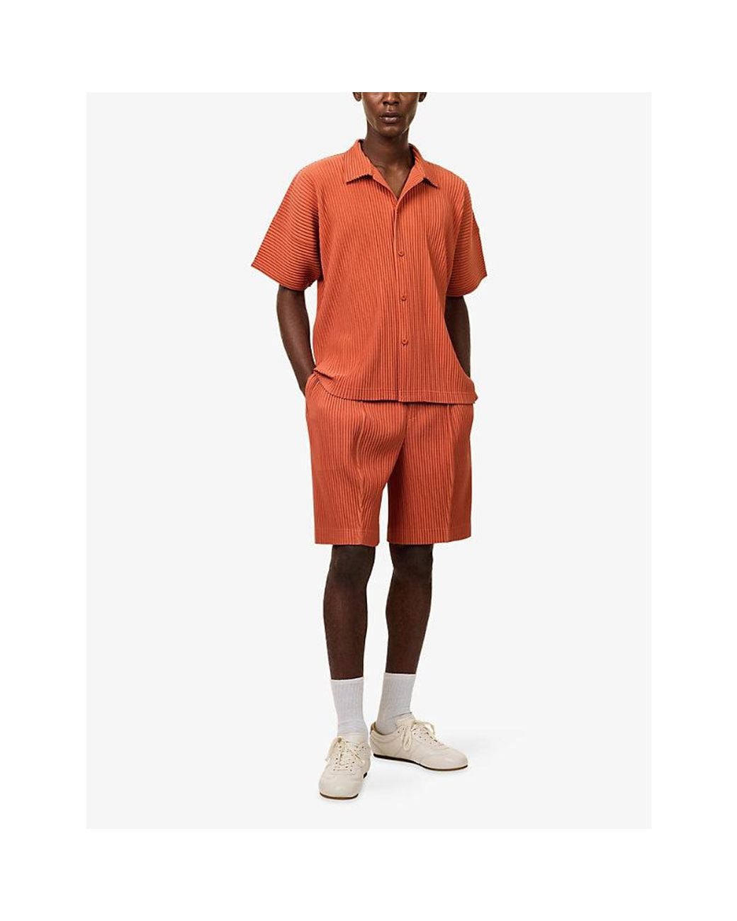 Homme Plissé Issey Miyake Orange Camp-Collar Pleated Knitted Shirt for men
