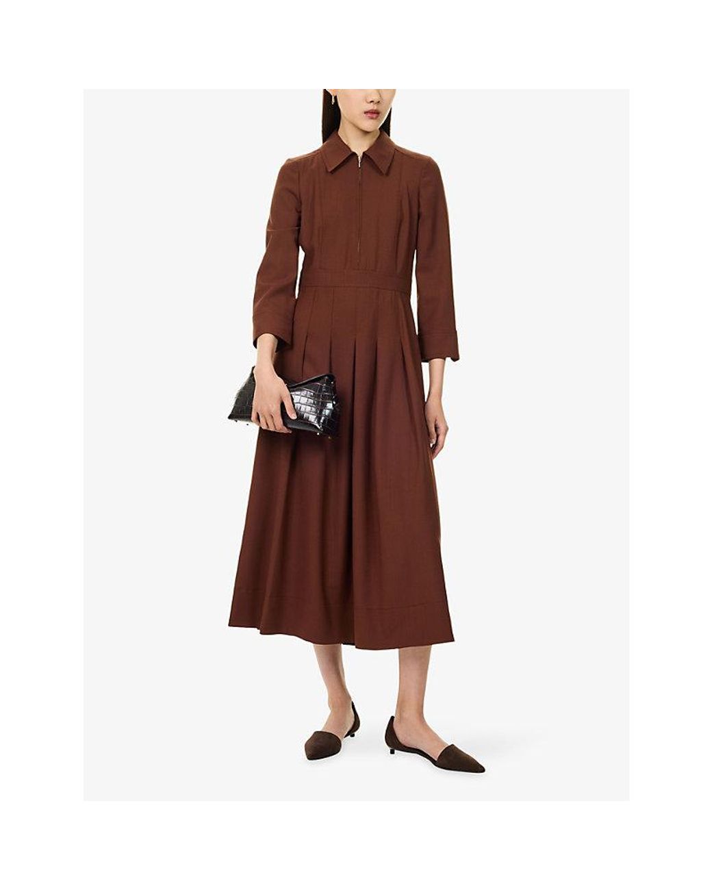 ME+EM Brown Classic-Collar Wool-Blend Midi Dress