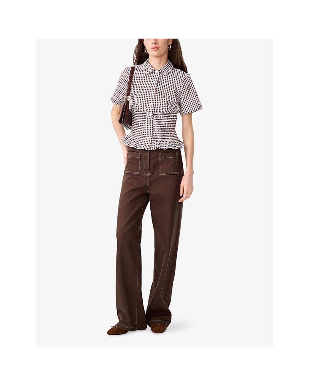 OMNES Purple Merida Gingham Shirred-Panel Short-Sleeve Cotton Blouse