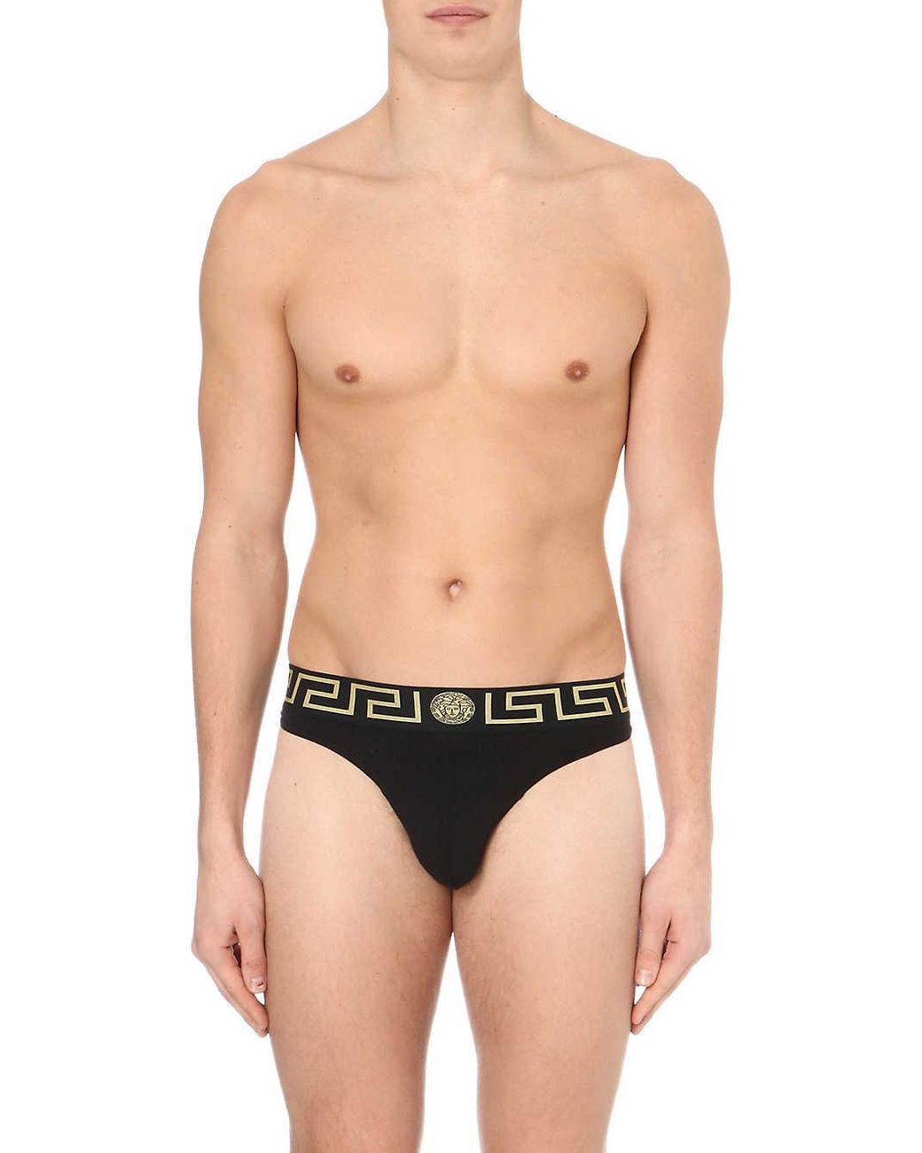Versace Iconic Slim-fit Stretch-cotton Thong in Black for Men