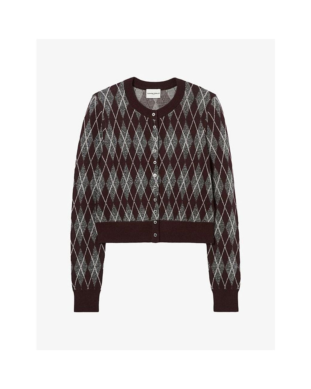 Claudie Pierlot Black Argyle-Pattern Regular-Fit Metallic-Knit Cardigan
