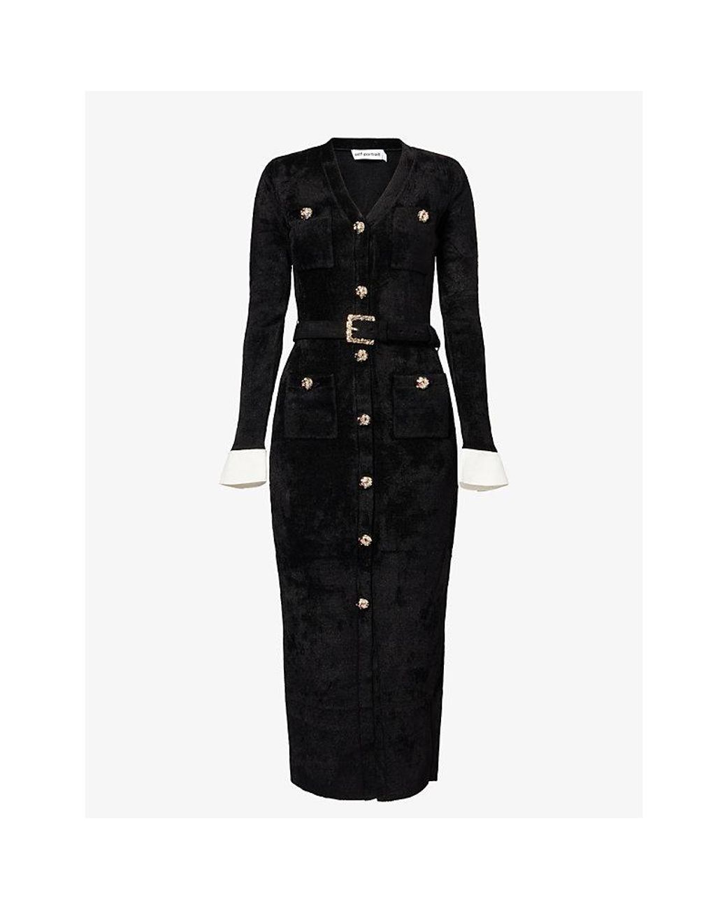 Self-Portrait Black V-Neck Belted Chenille Midi Dress