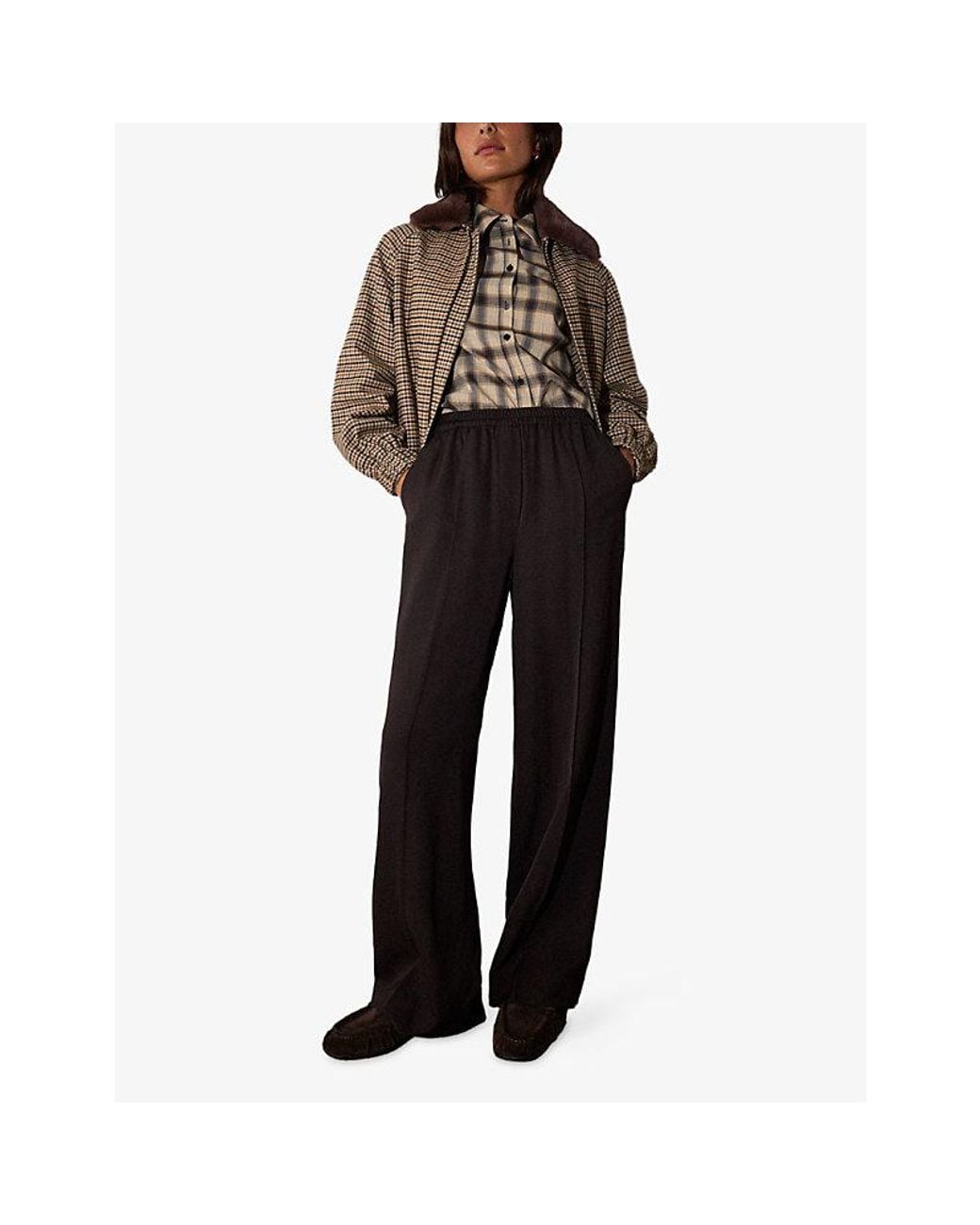Whistles Brown Faux-Fur Collar Check Cotton Bomber Jacket