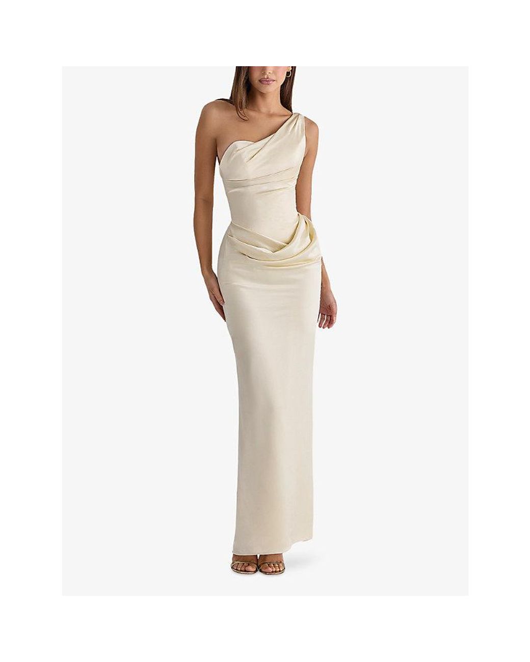 House Of Cb Natural Caprice One-Shoulder Satin Maxi Dress
