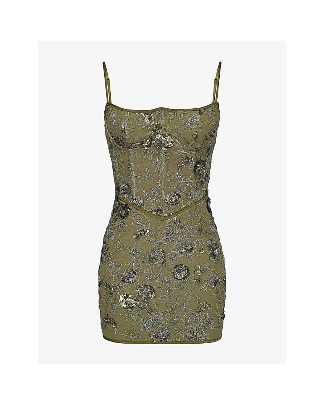 House Of Cb Green Naima Hand-Beaded Embellished Mesh Mini Dress Xs (A-C Cup)