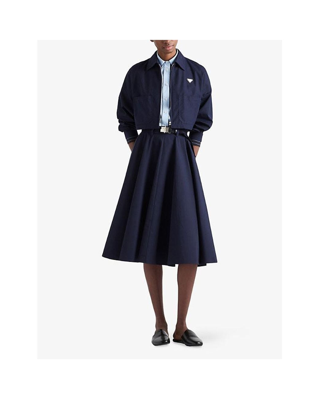 Prada Blue Short-Sleeve Pip-Trim Cotton Poplin Shirt