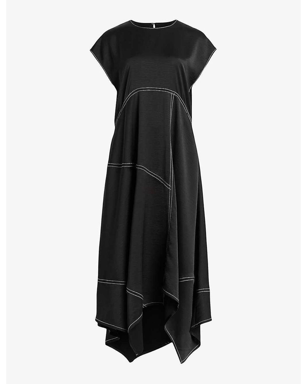AllSaints Agnes Asymmetric Stretch Recycled Polyester Midi Dress in Black Lyst UK