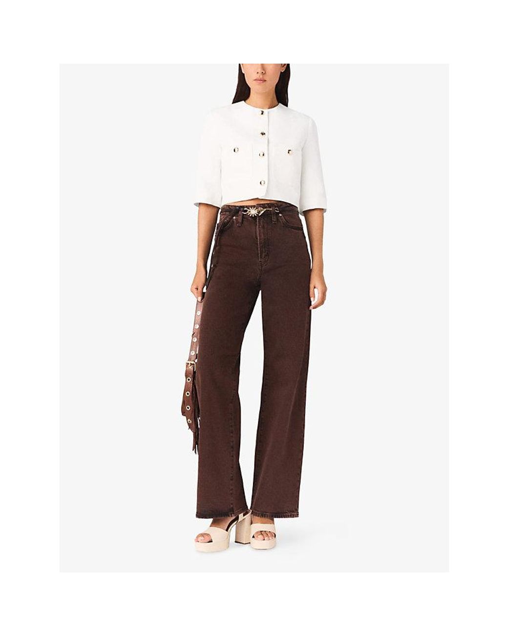 Maje White Cropped Round-Neck Linen-Blend Jacket