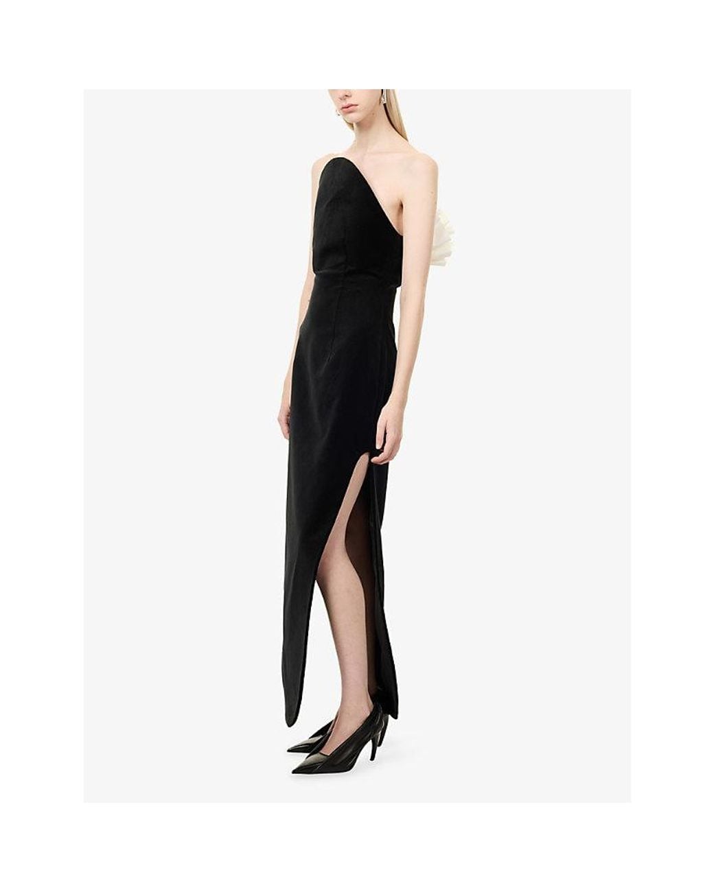 A.W.A.K.E. MODE Black Strapless Ruffled Velvet Maxi Dress