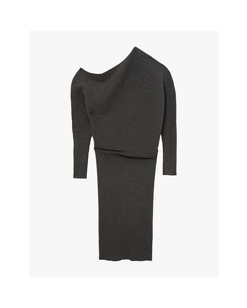 Reiss Black Lara Off-Shoulder Draped Stretch-Knit Midi Dress