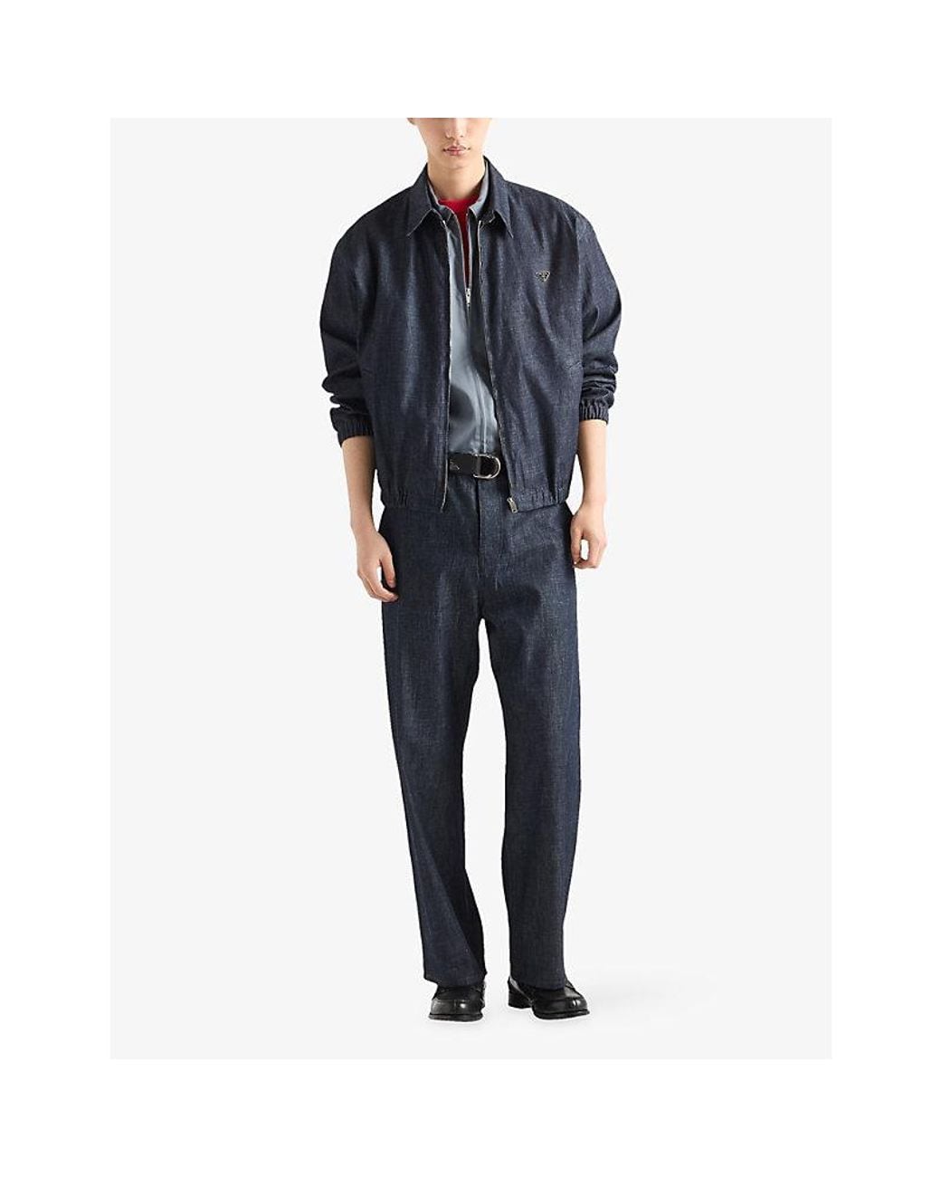 Prada Blue Logo-Plaque Blouson Chambray Denim Jacket for men