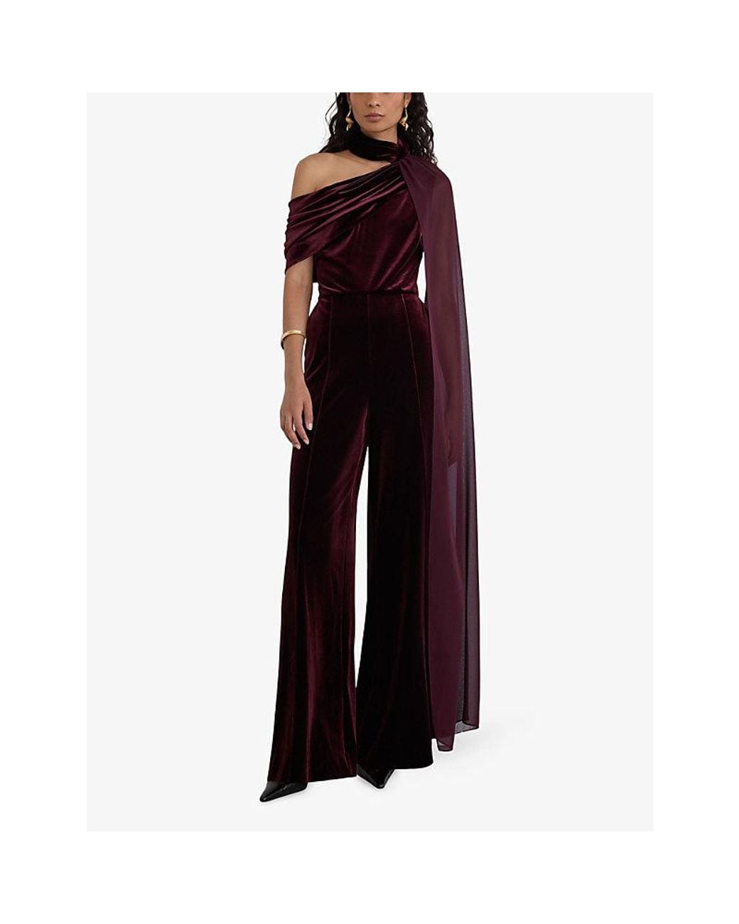 Reiss Red Carrie Drape-Neck Stretch-Velvet Jumpsuit